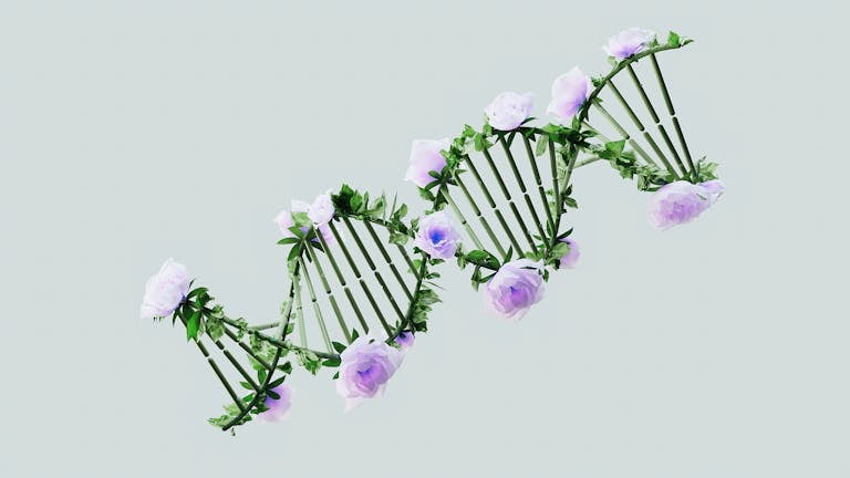 Free Dog Coat Colour Genetics Calculator: A Fun Guide for Breeders and Dog Lovers 9 A creative representation of a DNA helix with blooming pastel roses, blending nature and science.